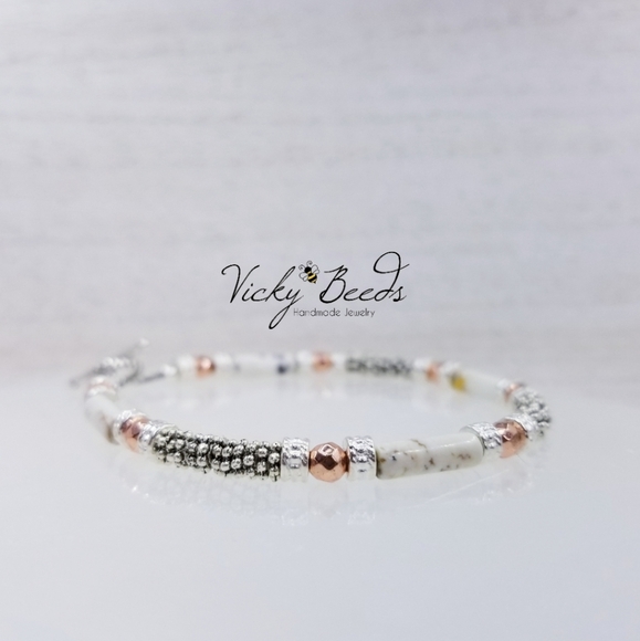 White Turquoise Beaded Gemstone Toggle Bracelet - Picture 3 of 8